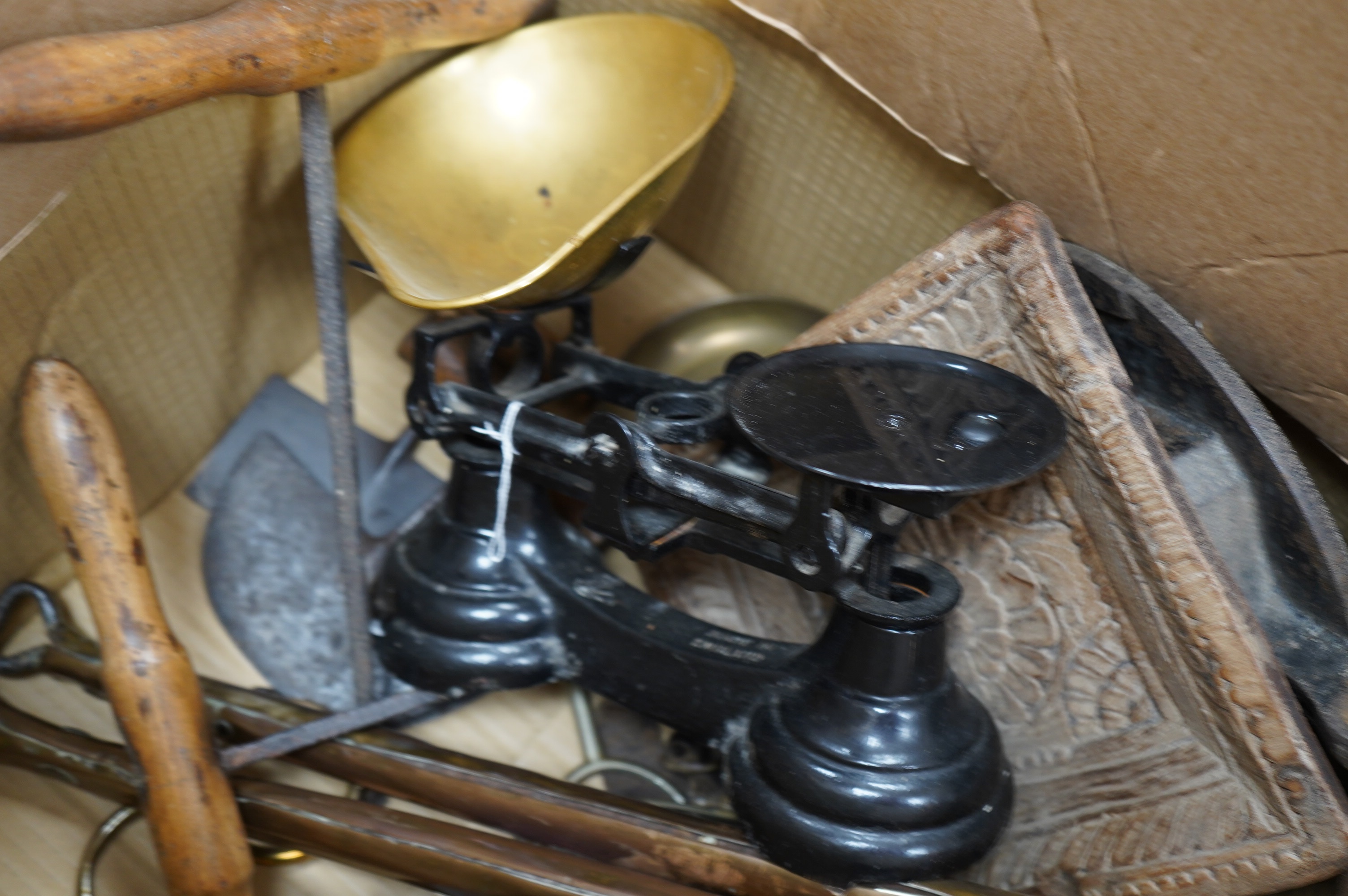 A set of Salter scales and sundry metalware. Condition - poor to fair